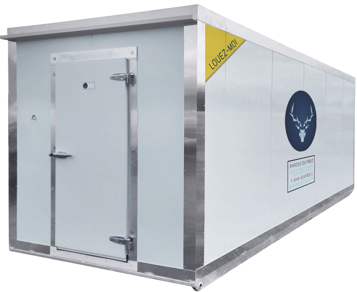 Chambre froide blanche installée à l'extérieur sur un site industriel.