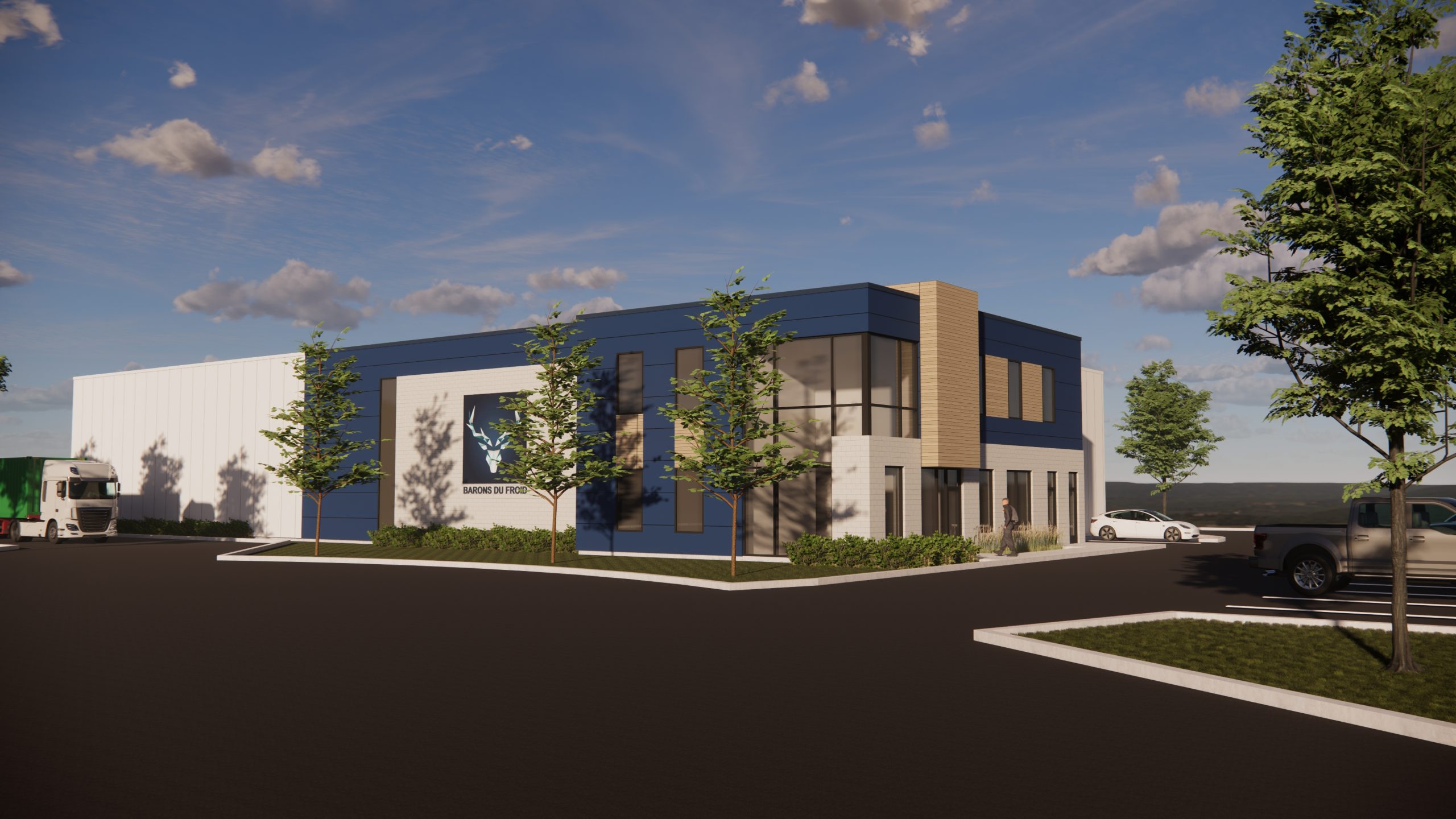 Rendu 3D d’un bâtiment industriel moderne arborant le logo de Barons du Froid sur la façade
