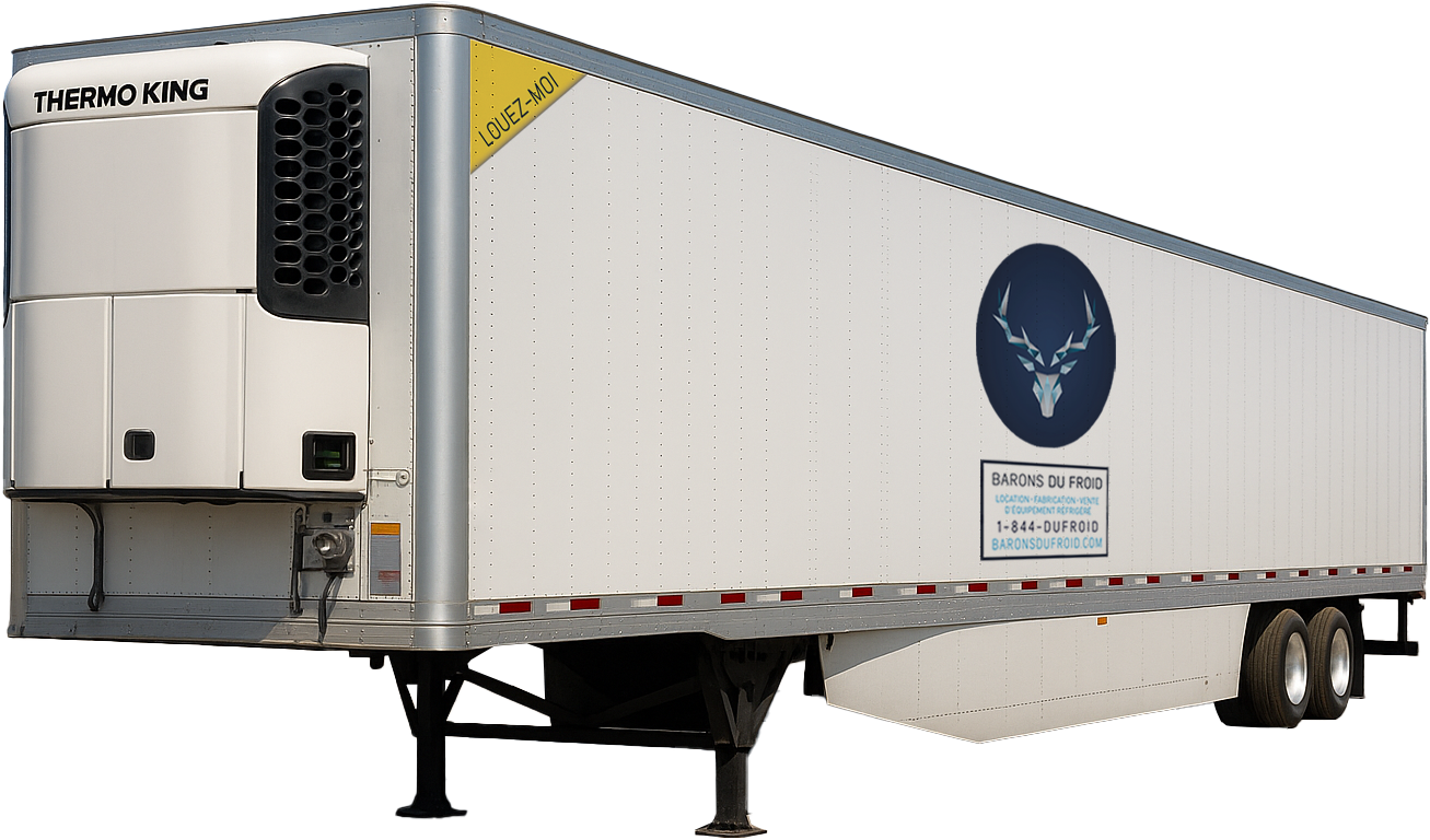 Remorque réfrigérée Thermo King (reefer) avec logo Barons du Froid et coordonnées sur le côté.