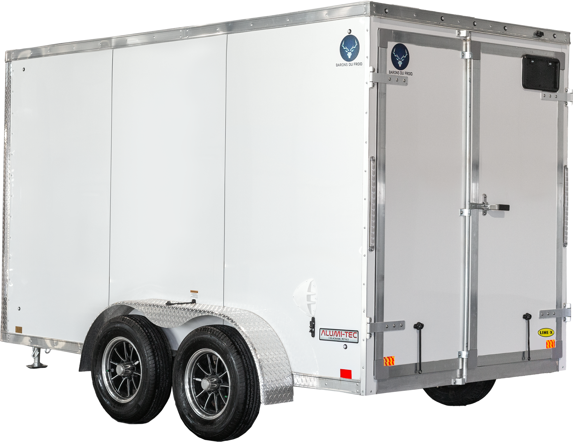 Vue arrière gauche en angle d’une remorque réfrigérée blanche à deux roues.