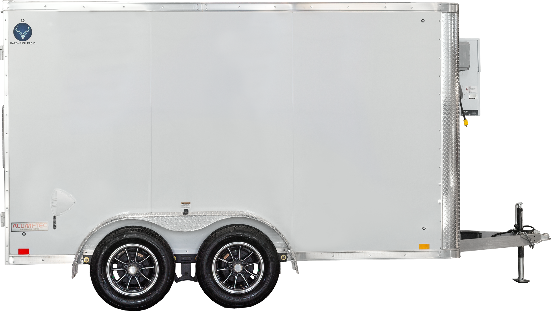 Profil latéral d’une remorque réfrigérée blanche à deux roues.