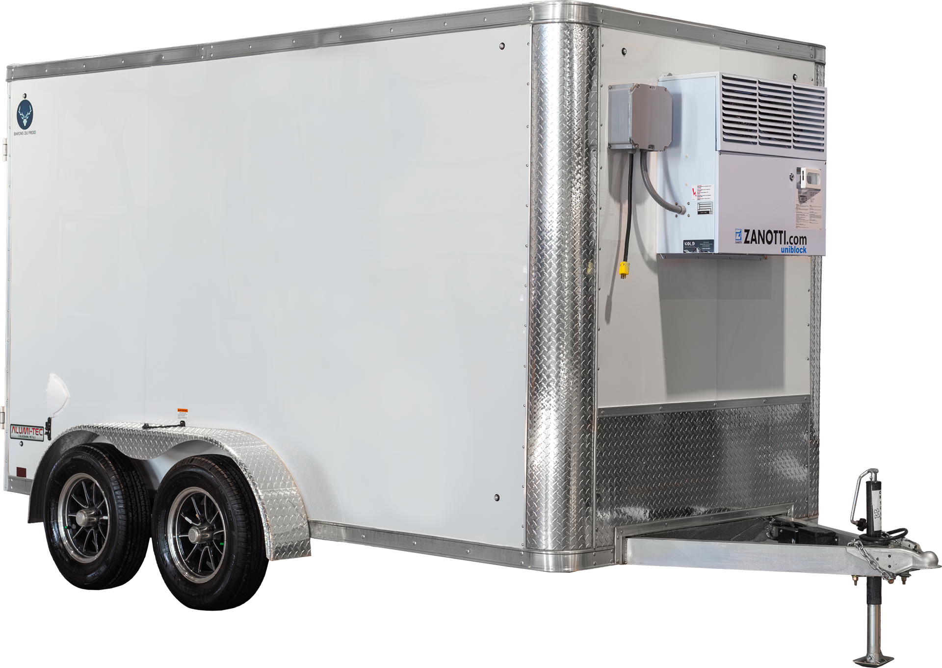 Remorque réfrigérée blanche avec unité Zanotti, vue avant en angle.
