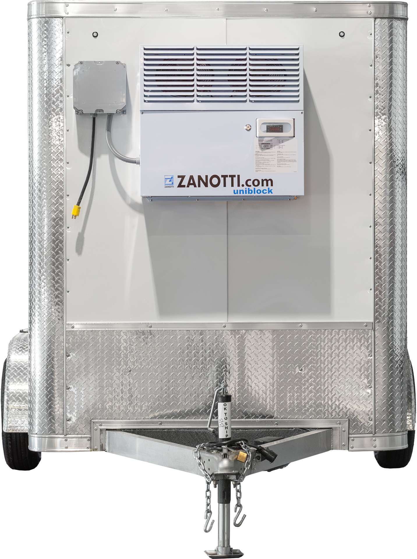 Vue avant d'une remorque réfrigérée blanche avec unité de réfrigération Zanotti.