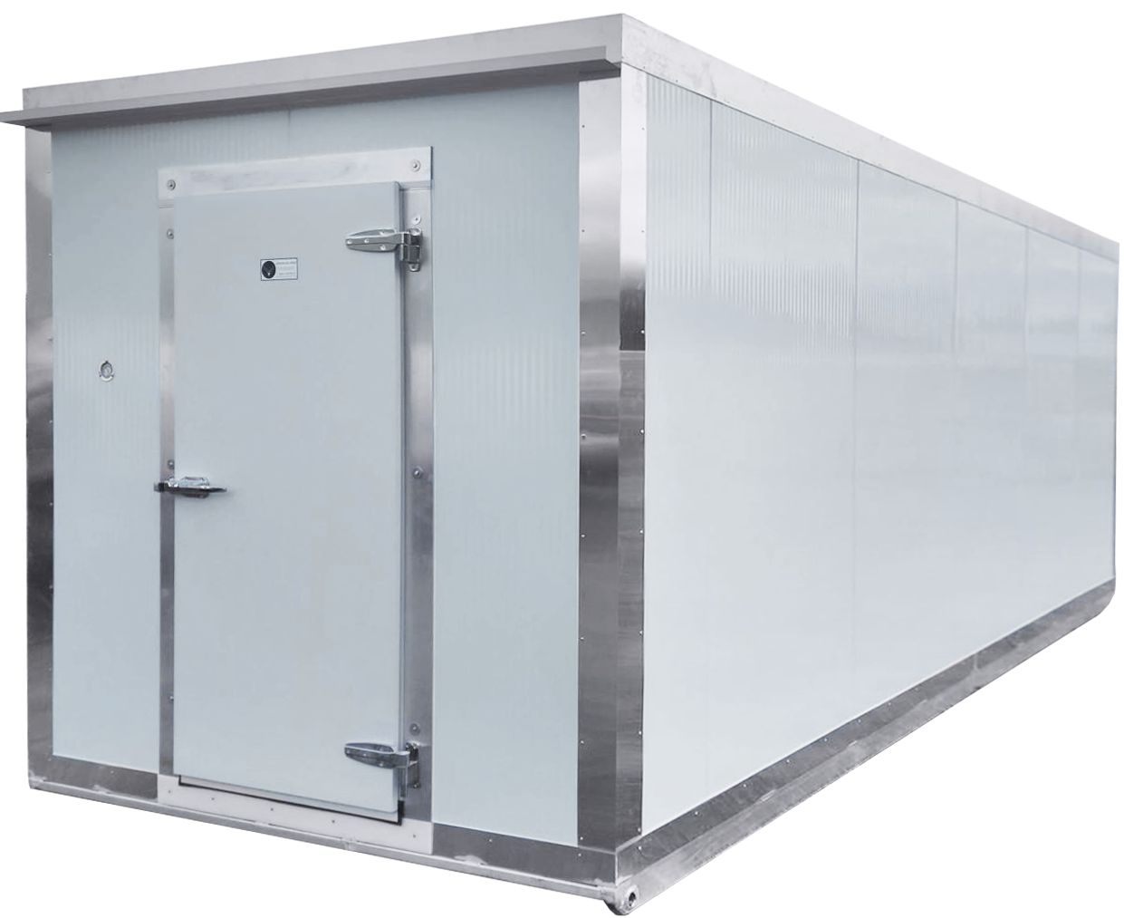 Grande chambre froide blanche avec porte frontale et contours en acier inoxydable.