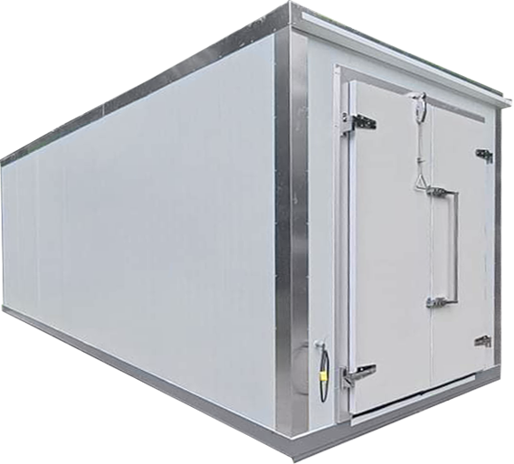 Chambre froide longue blanche avec portes doubles et loquets métalliques à l’arrière.