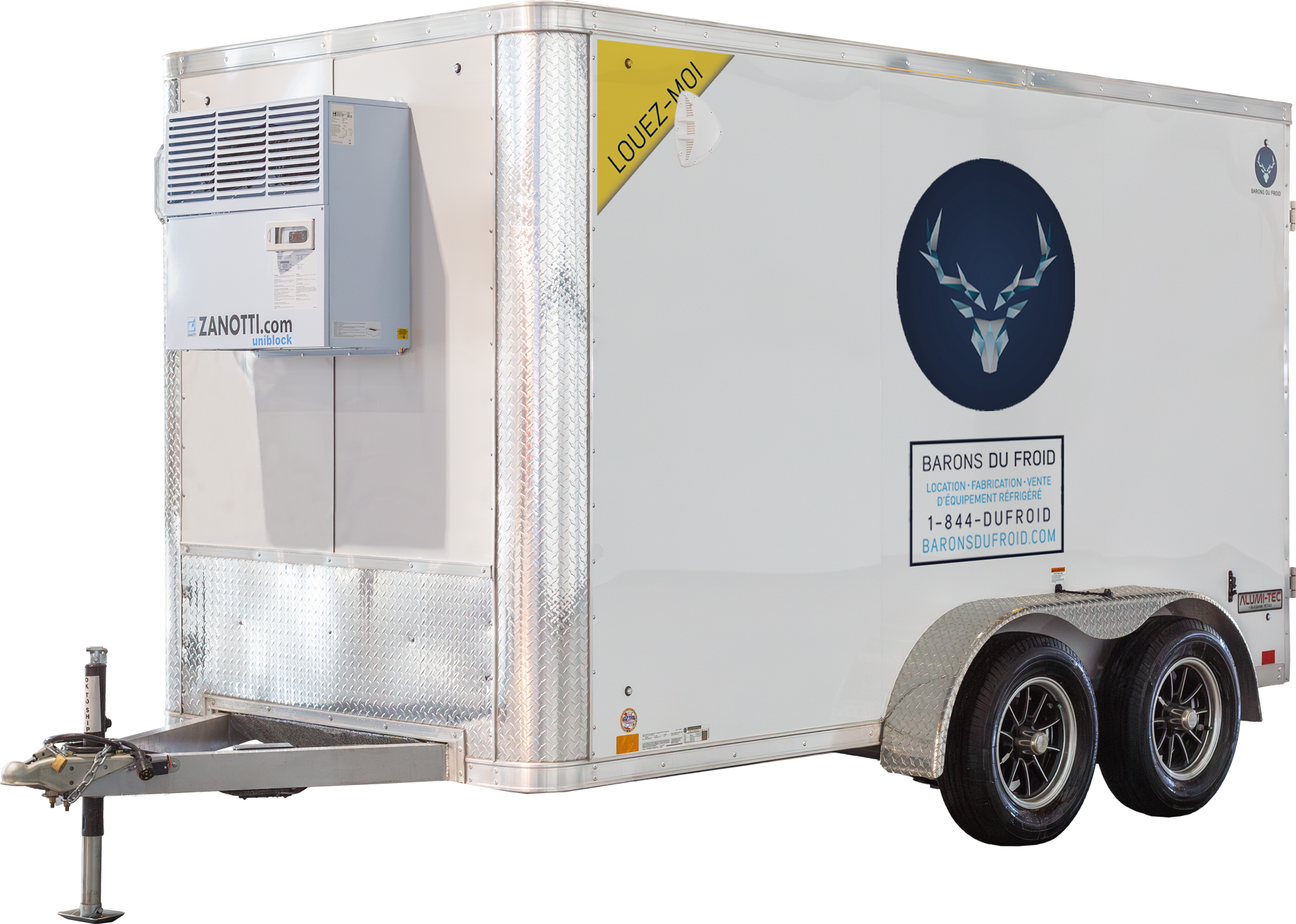 Remorque réfrigérée blanche avec logo Barons du Froid, numéro de téléphone visible et unité Zanotti.