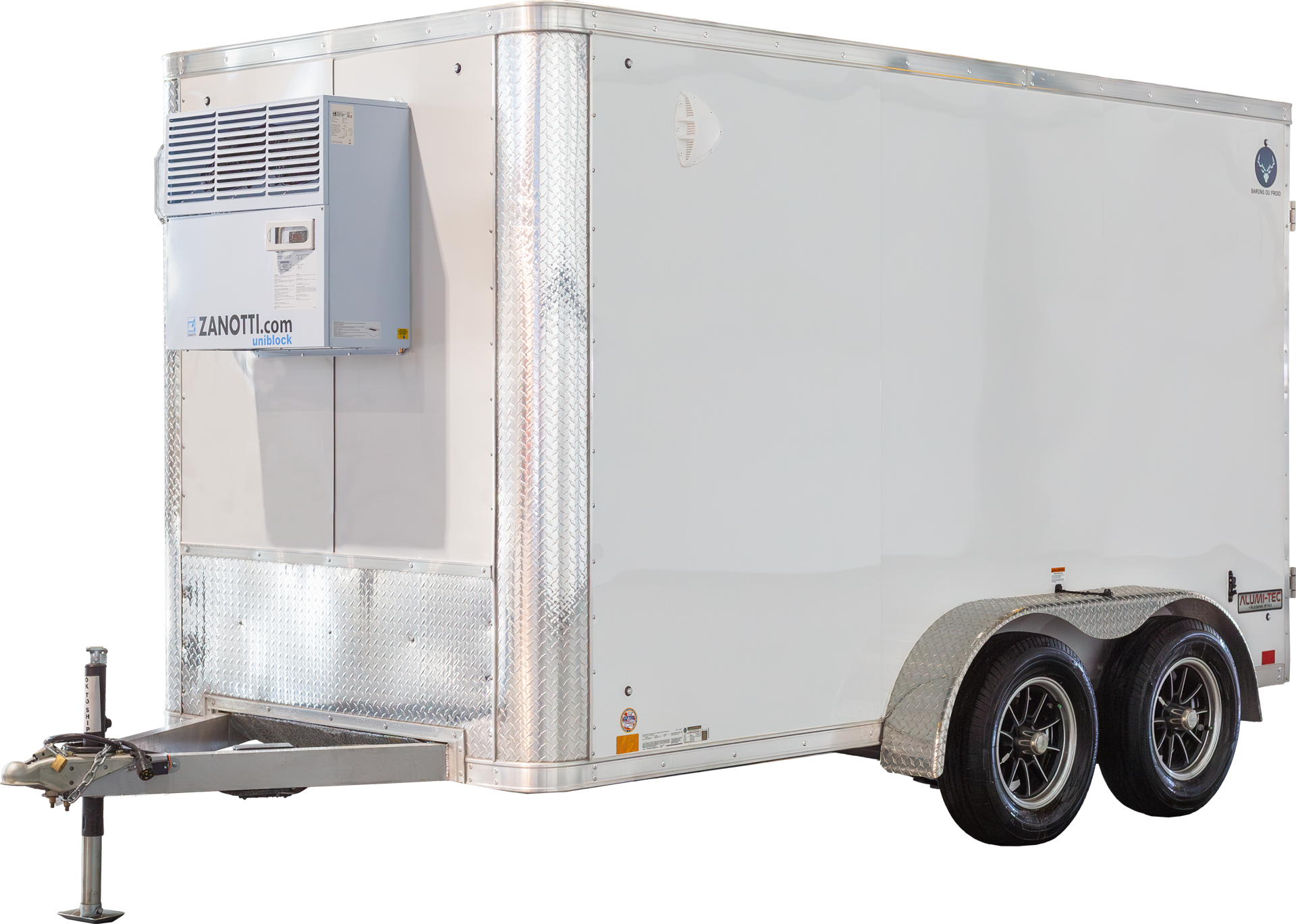 Remorque réfrigérée blanche avec unité Zanotti, vue de côté avec essieu double.